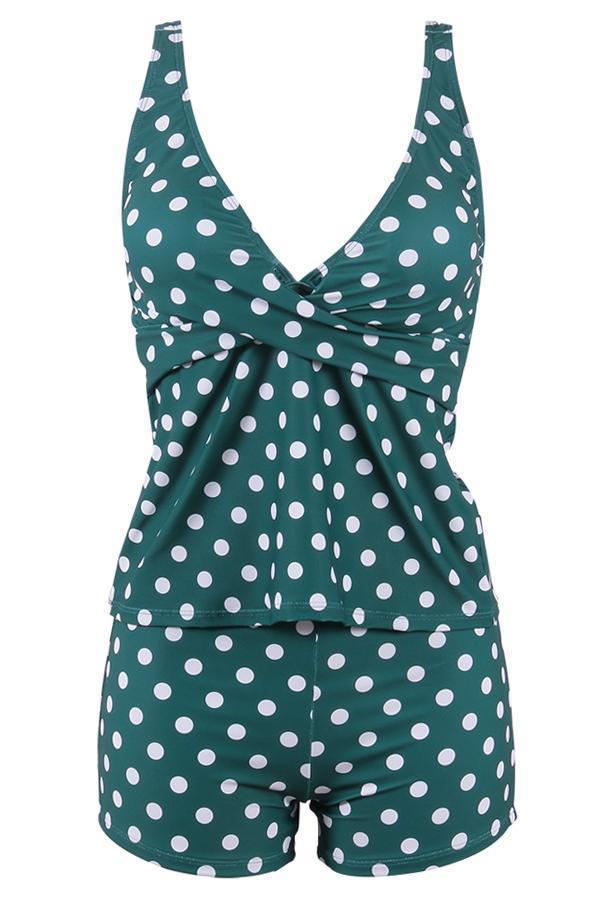 Polka dot tankini set for women, ideal beachwear & poolside style. Flattering two-piece summer fashion.