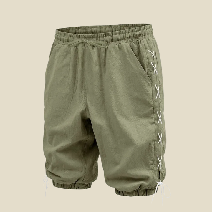 Men's casual knee-length shorts with a relaxed fit and decorative lace-up sides, designed for comfort.