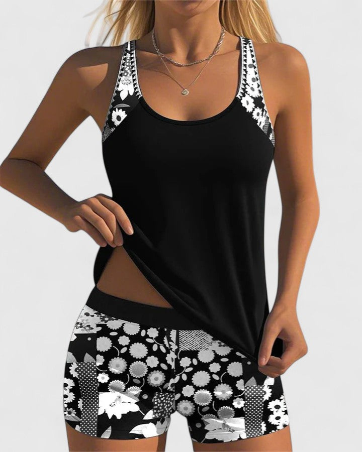 Elegant women's floral print tankini swimsuit. Ideal beachwear for a flattering vacation look.
