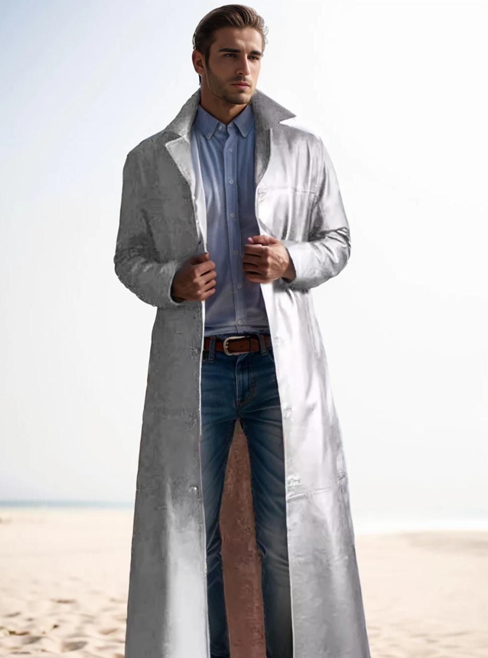 Men's tailored long coat, classic fit, essential elegant outerwear for winter seasons.