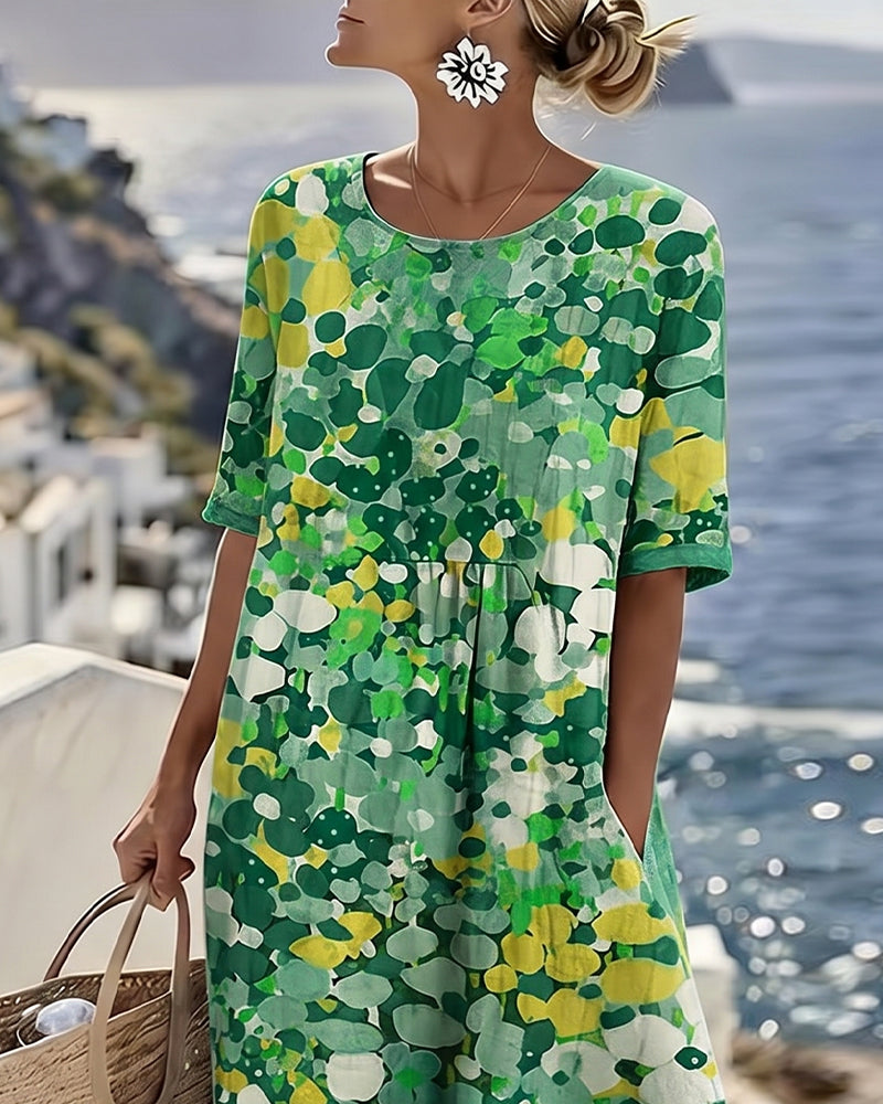 Round neck, short sleeve floral print midi dress for women, comfortable and chic for summer fashion.