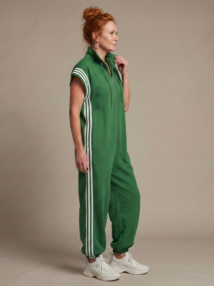 Effortless women's casual jumpsuit. Full length, zip front, relaxed fit, eye-catching stripe panels.