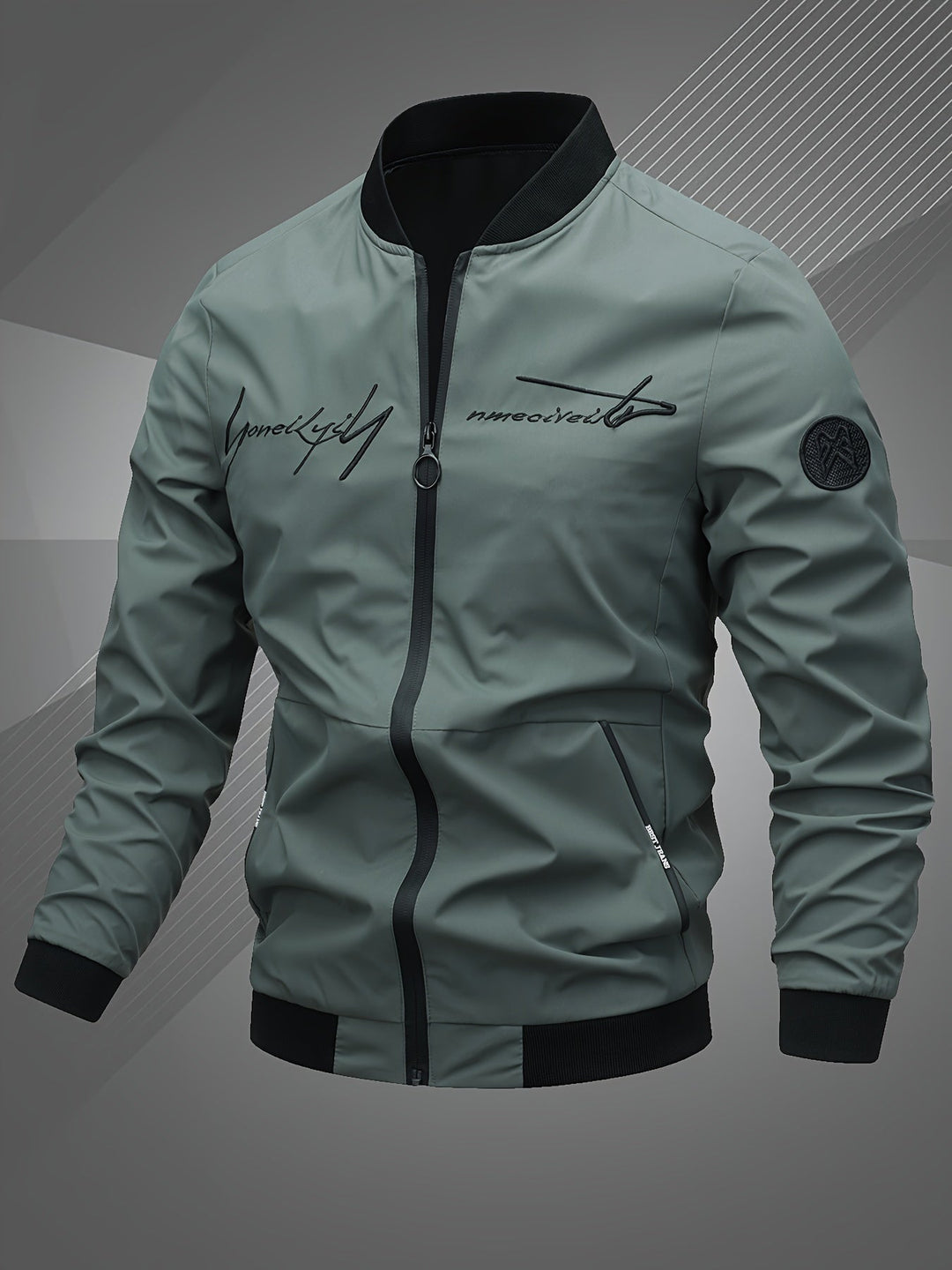 Men's stylish zip-up bomber jacket with logo, a versatile and comfortable piece for modern fashion.