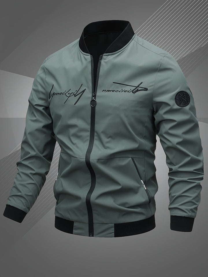 Men's stylish zip-up bomber jacket with logo, a versatile and comfortable piece for modern fashion.