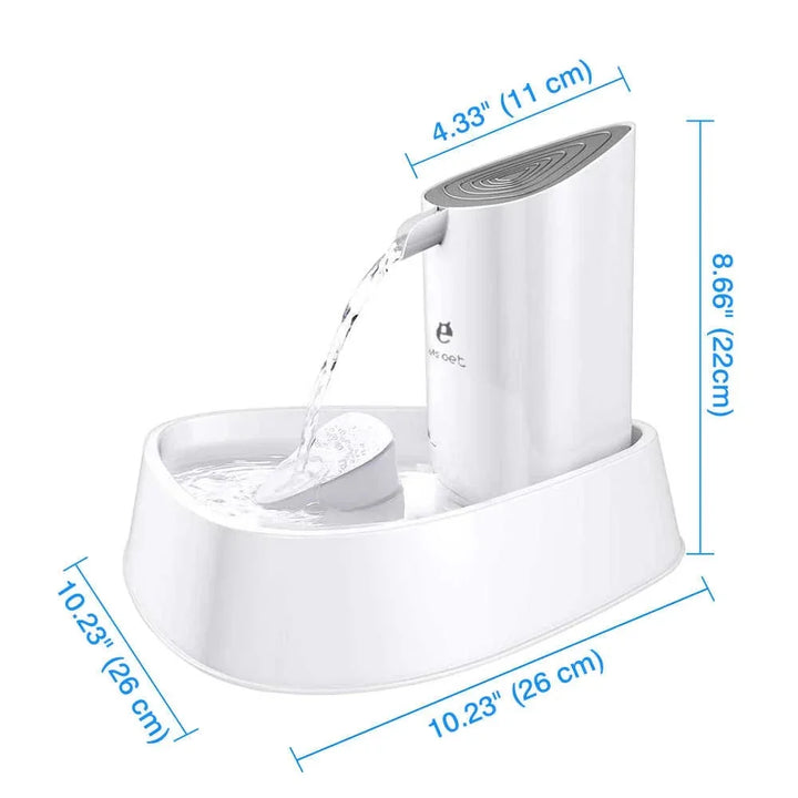 Quiet white ceramic automatic pet water fountain for cats & dogs, providing fresh, circulating water.