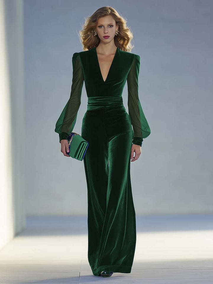 Chic formal wear jumpsuit for women, with delicate mesh sleeves and a sleek V-neck, exuding glamour.