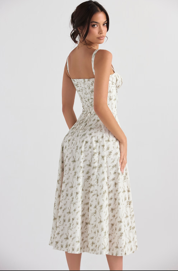 Stylish women's party dress: an elegant blue midi with a lace-up corset and sophisticated details.