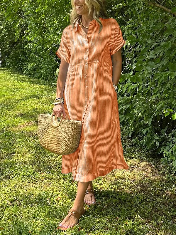 Comfortable elegant women's striped maxi shirt dress; long button-down design for versatile ladies' fashion.