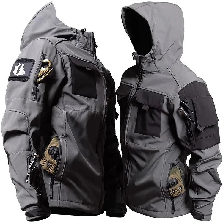 Functional men's adventure gear: hooded tactical outerwear with durable design for all outdoor activities.