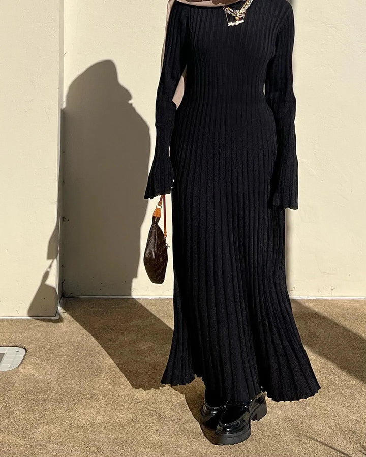 Classic white elegant midi dress. Long sleeve design for women, versatile and comfortable fall wear.