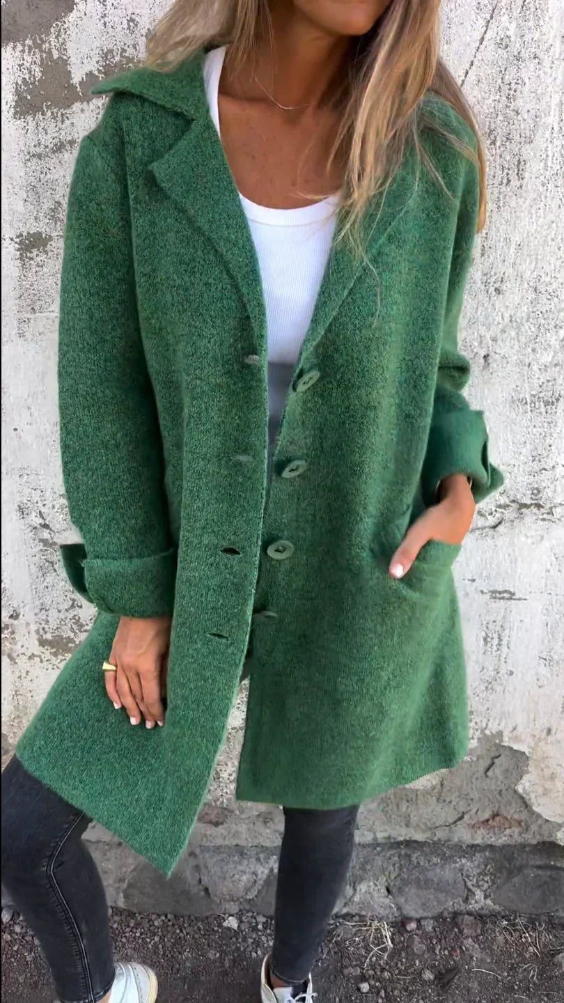 Casual chic women's buttoned blazer jacket, versatile elegant outerwear for everyday fashion.