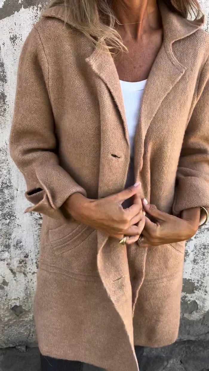 Women's elegant long sleeve buttoned blazer, versatile fashion jacket for work or casual chic.
