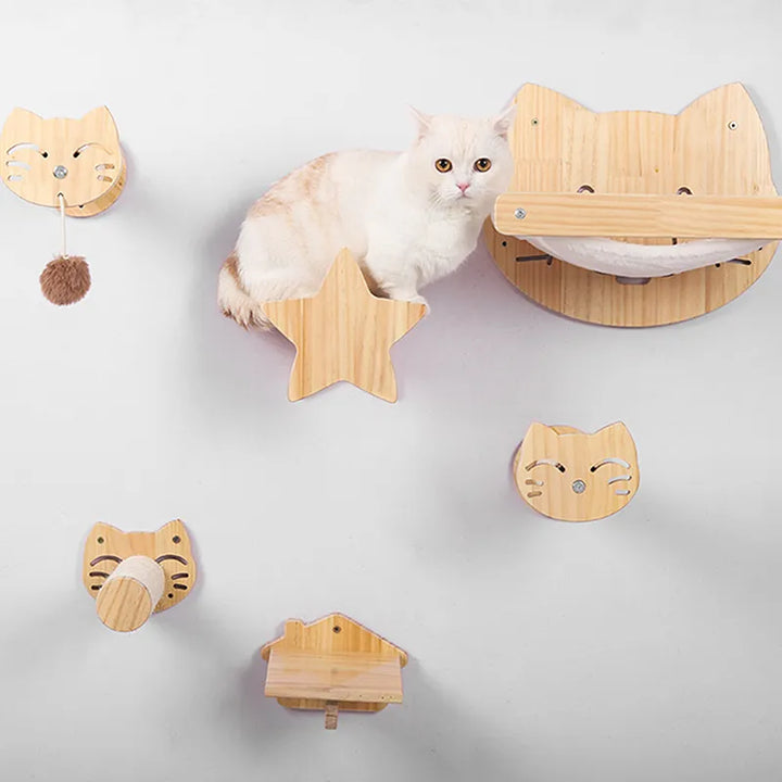 Wall-mounted wood cat scratcher & cozy pet bed, ideal cat furniture for feline comfort.
