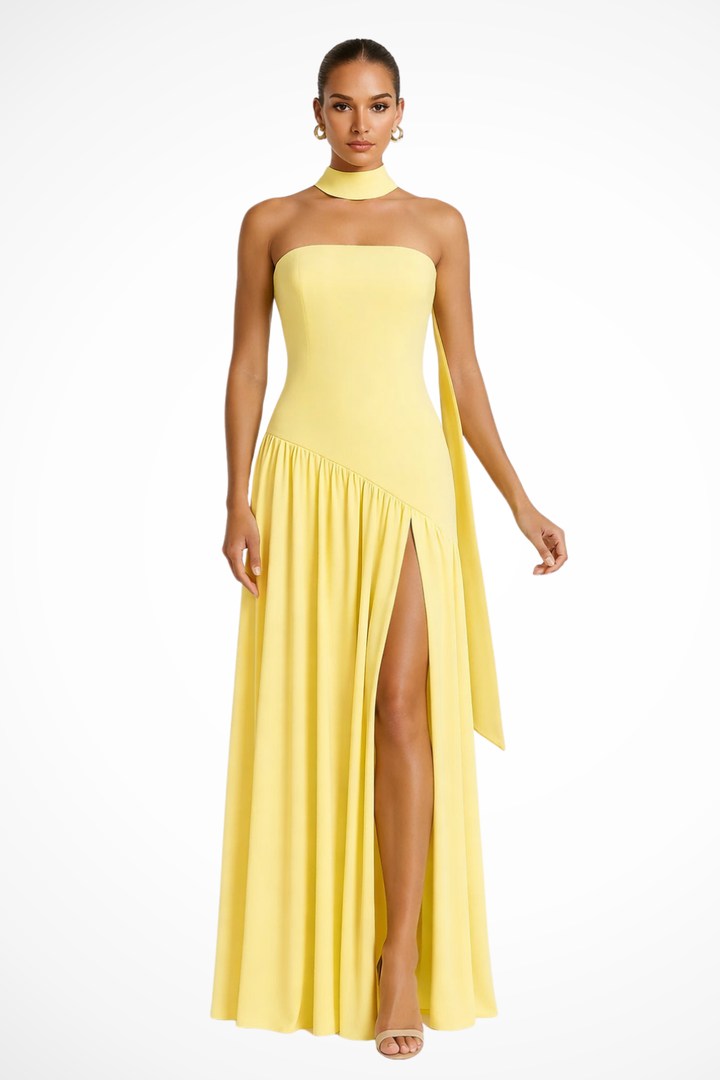 Elegant strapless maxi dress for women, featuring a stylish side slit, perfect for formal evenings & parties.