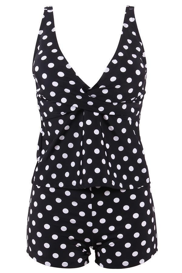 Modern polka dot two-piece tankini set for women, offering comfortable fit and fashionable summer beach style.