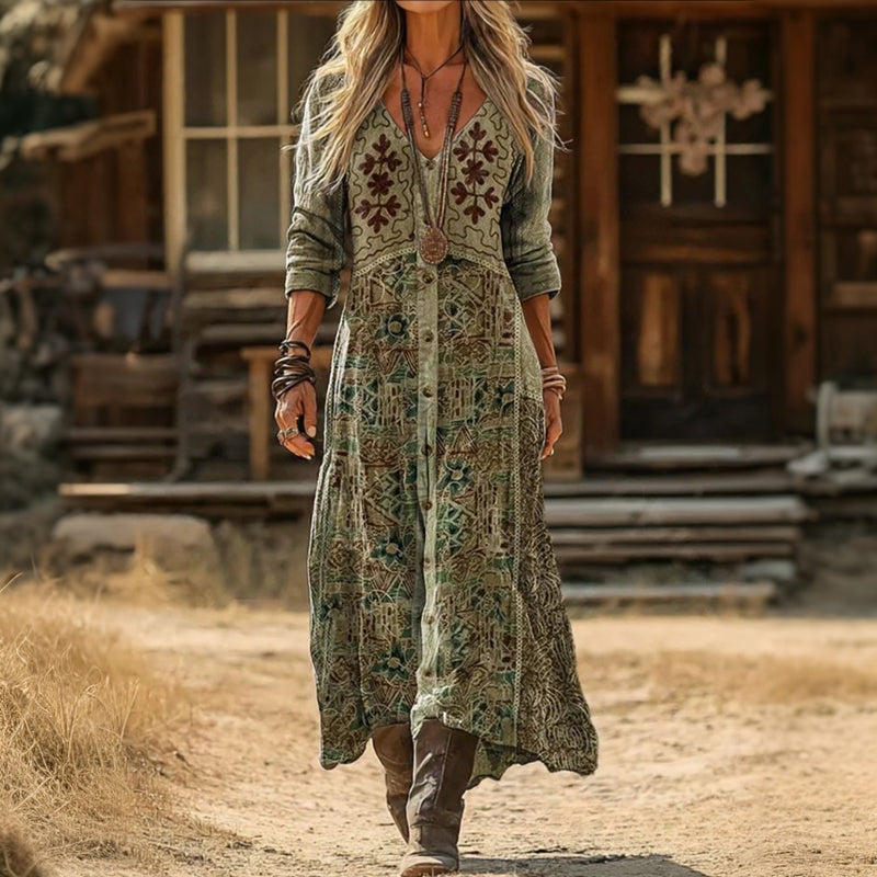 Flowy women's elegant long sleeve V-neck vintage dress, ideal for casual wear, spring fashion, and comfortable style.