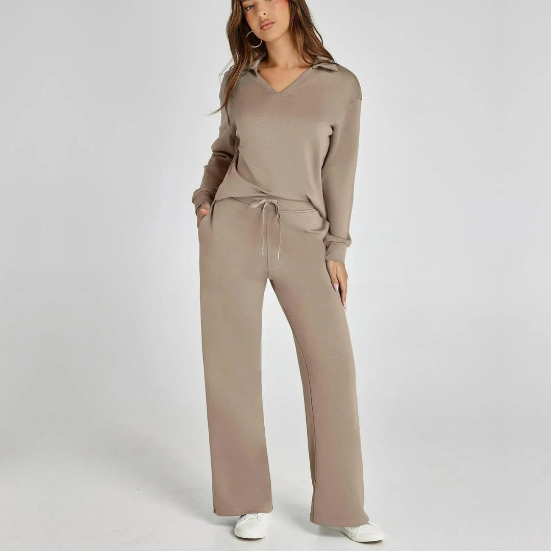 Cozy women's V-neck long sleeve top and wide leg pant set. Perfect two-piece comfortable loungewear.