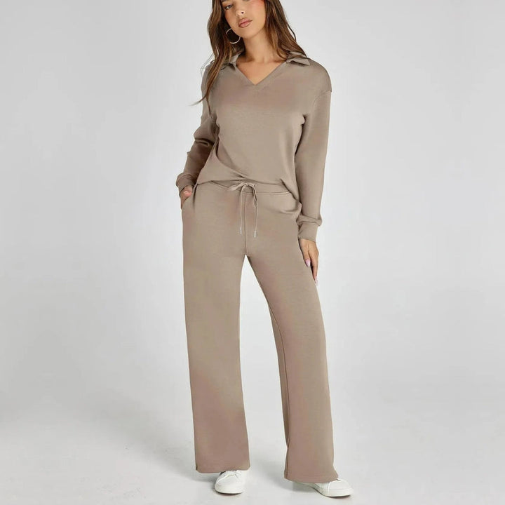Cozy women's V-neck long sleeve top and wide leg pant set. Perfect two-piece comfortable loungewear.