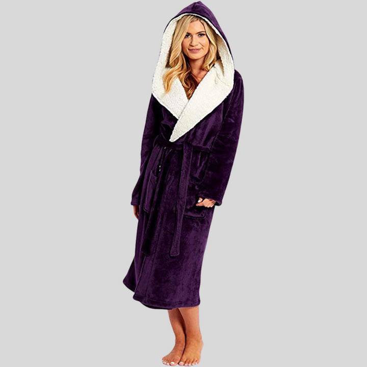 Elegant women's luxury hooded spa bathrobe, incredibly soft polyester. Ideal loungewear for relaxation & gifts.