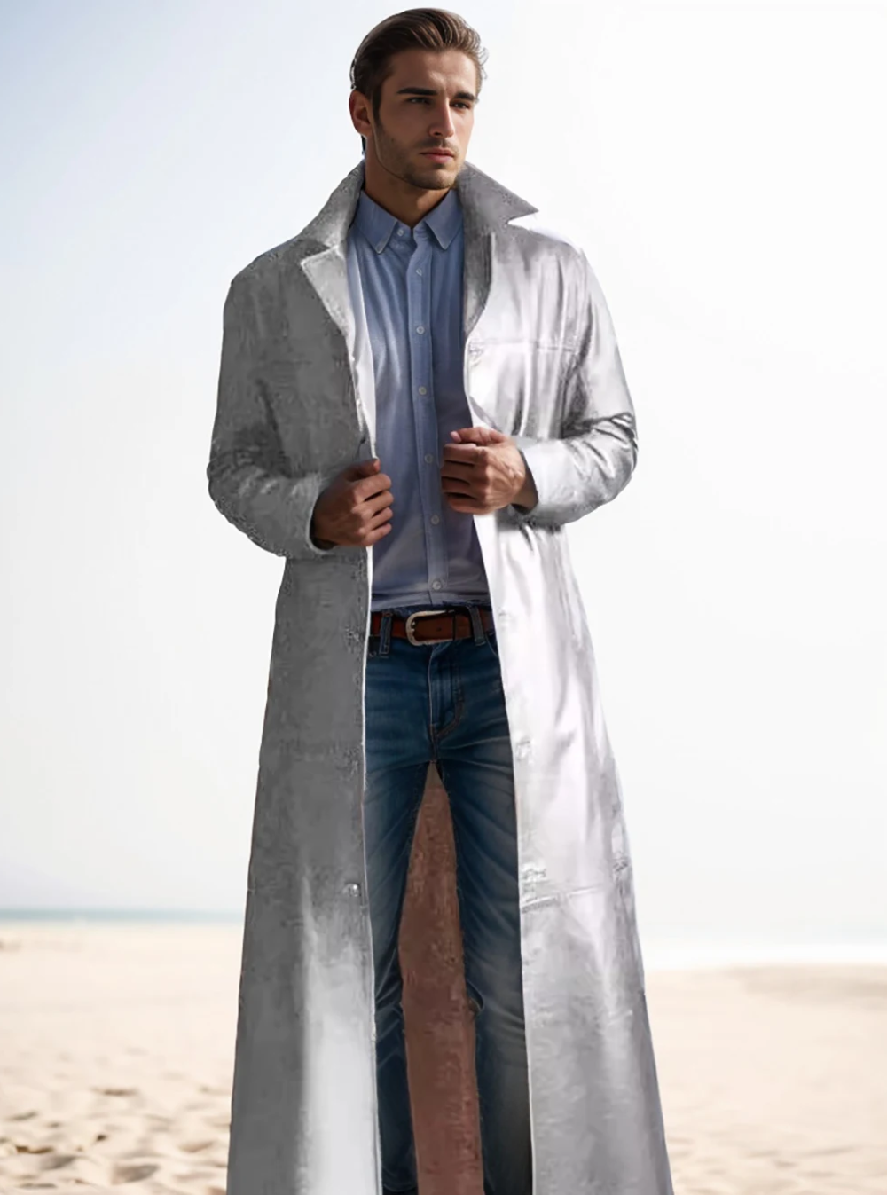 Sophisticated men's charcoal long coat, timeless design, ideal formal jacket for autumn.