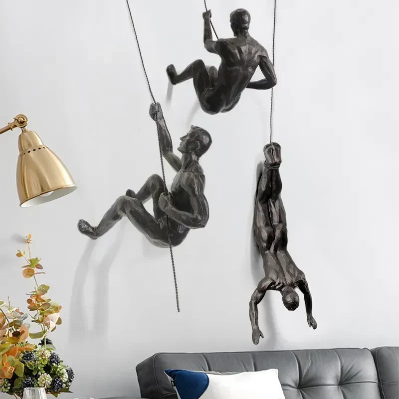 Dynamic climbing figures sculpture set, modern art home accent for walls.