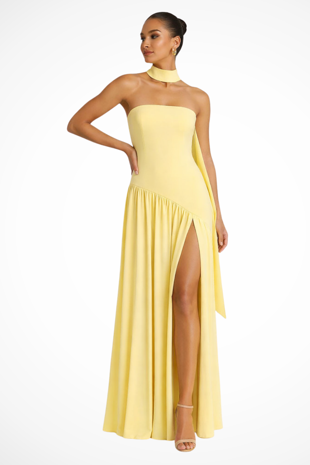Beautiful yellow strapless maxi dress with a sexy side slit, ideal for evening events & special occasions.