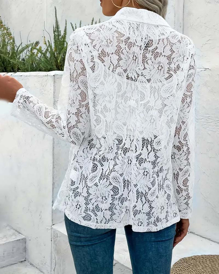 Women's elegant coat with delicate floral lace lapel collar, perfect for spring fashion outerwear.