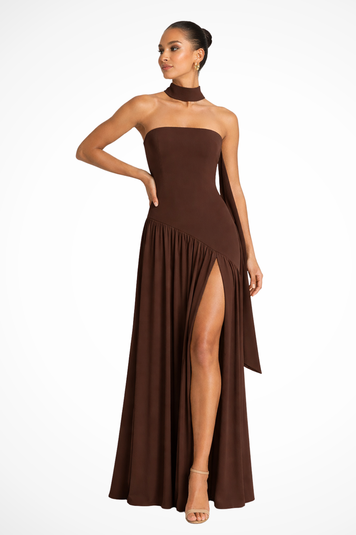 Chic brown women's strapless maxi dress with a flattering side slit, perfect for elegant party wear.