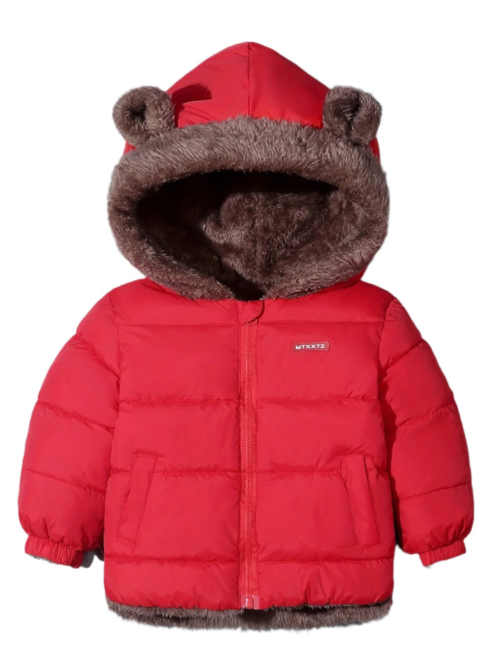 Warm & playful boys' Bear Hug winter coat for toddlers, ideal for cozy outdoor play in winter.