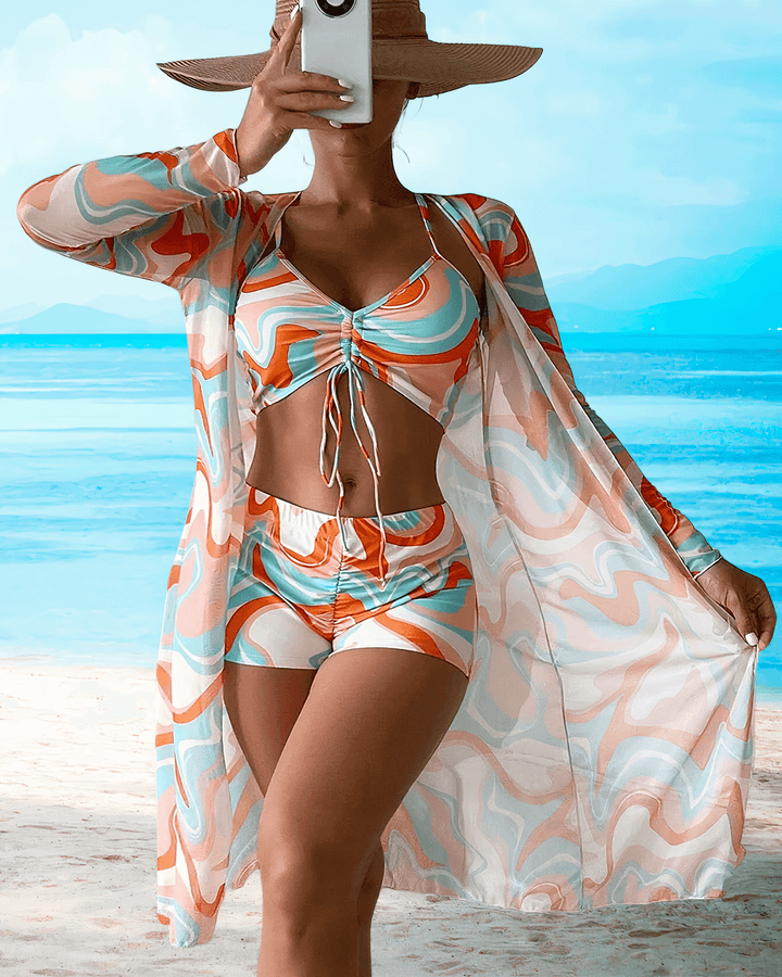 Printed High-Waist Bikini Set with Cover-Up