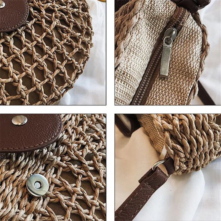 Beige and brown braided straw shoulder bag, showcasing a distinctive web pattern, great for summer fashion.