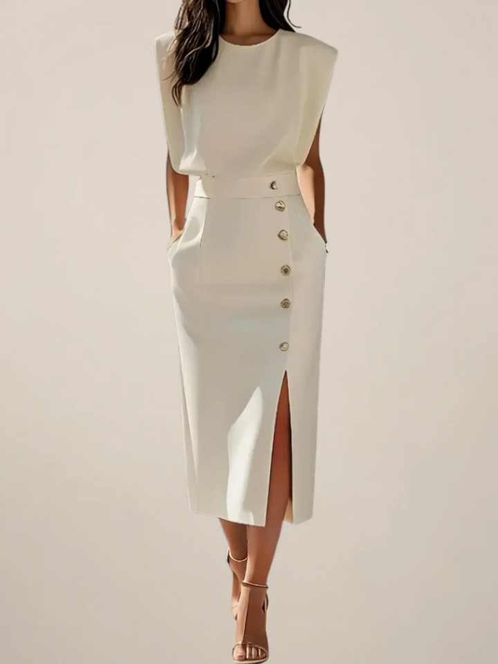 Elegant women's midi dress with a stylish side slit and decorative button detail, perfect for versatile wear.