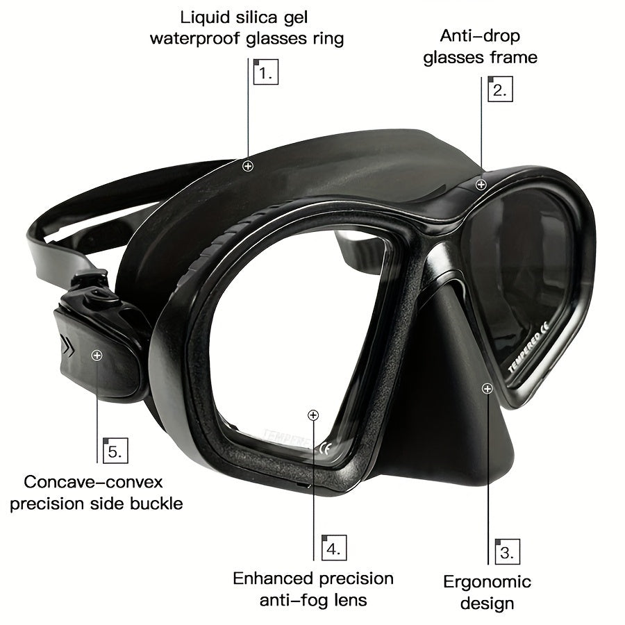 Travel-friendly dive mask with anti-fog tempered goggles, camera mount & protective storage case.