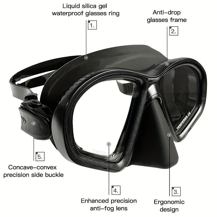 Travel-friendly dive mask with anti-fog tempered goggles, camera mount & protective storage case.