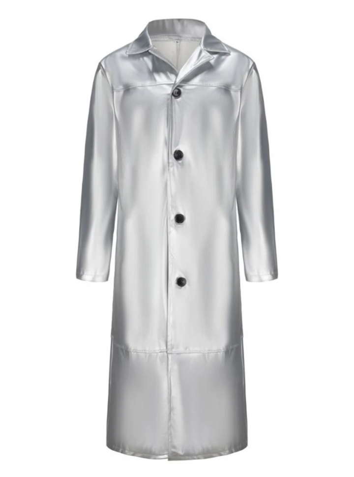 Elegant men's navy blue overcoat, classic style, perfect for cold weather fashion.