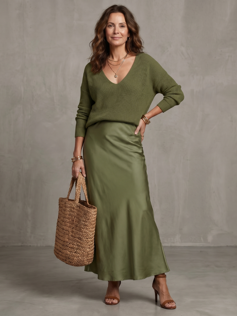 Stylish women's two-piece elegant ensemble featuring a long sleeve sweater and a midi skirt.