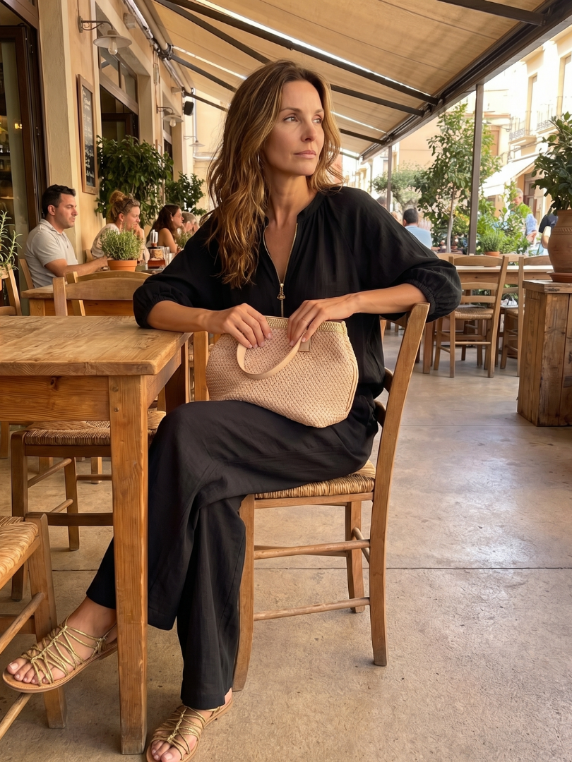 Chic women's two-piece outfit: zip front blouson top & wide leg pants for relaxed yet stylish everyday wear.