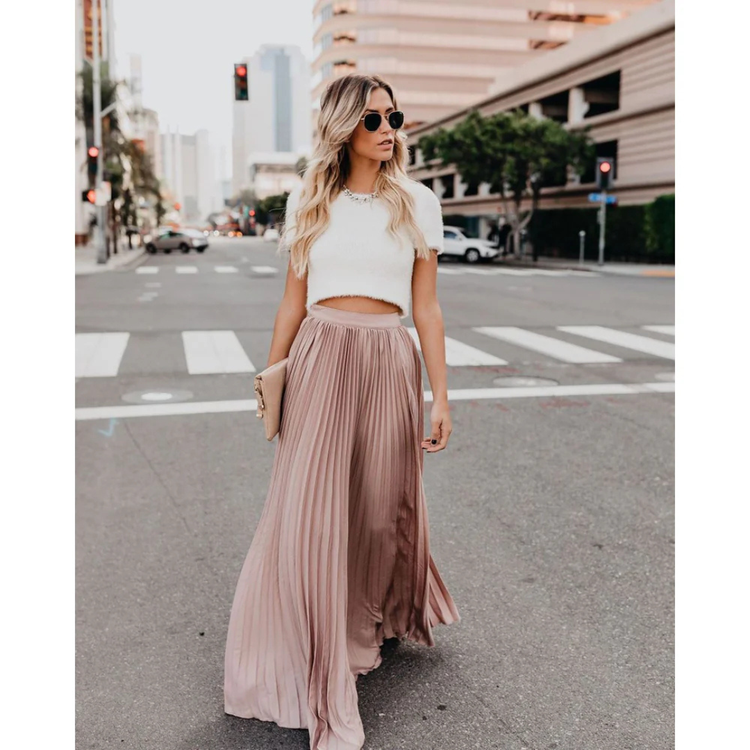 Elegant women's high-waist pleated midi skirt, perfect for formal occasions.
