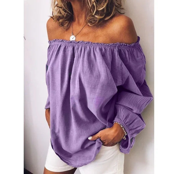 Chic women's off-shoulder top for summer. Elegant balloon sleeves offer versatile casual wear.