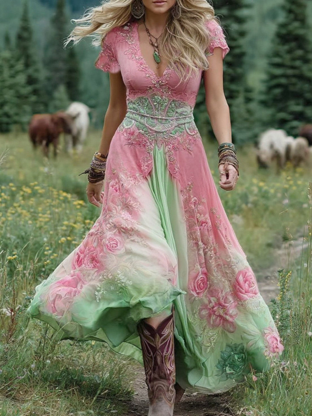 Flowy women's evening dress with a unique gradient floral design and elegant vintage aesthetic.