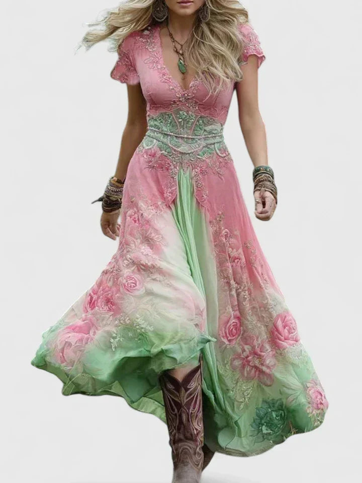 Versatile women's floral maxi dress with V-neck, short sleeves; elegant, casual, & comfortable for summer.