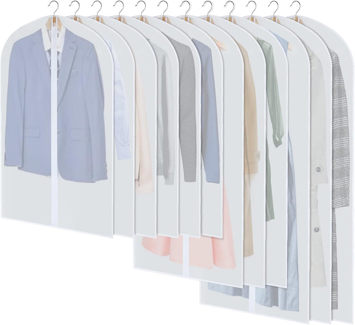 24-pack clear PEVA garment bags for clothes storage. Dustproof wardrobe organizer covers.