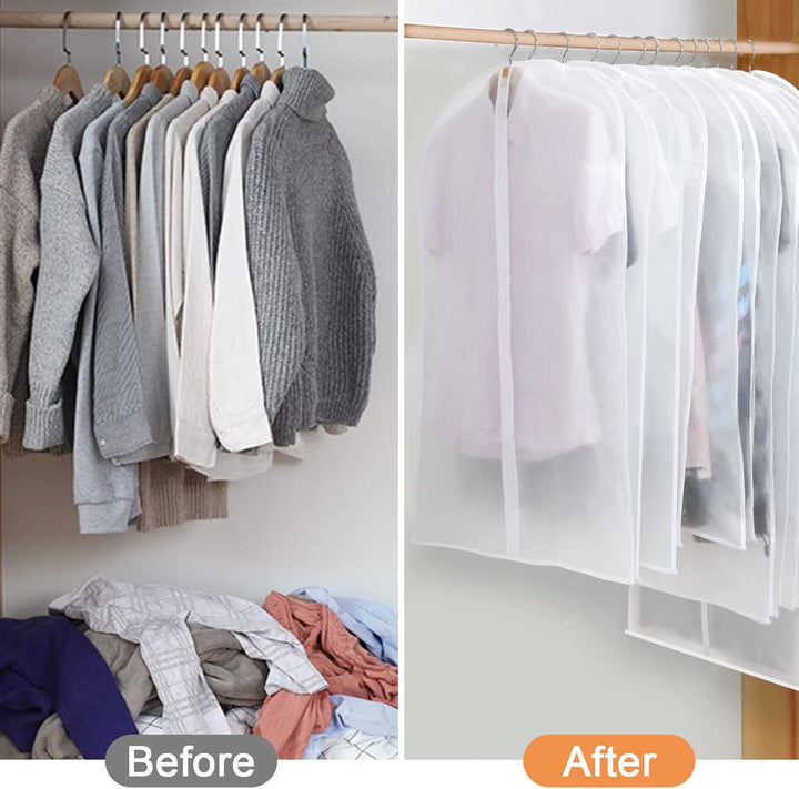 Premium clear PEVA garment covers, 3 sizes. Safeguard your wardrobe from dust.