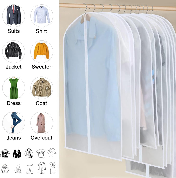 24-piece clear PEVA suit bags for dust-free clothes storage. Wardrobe organization.