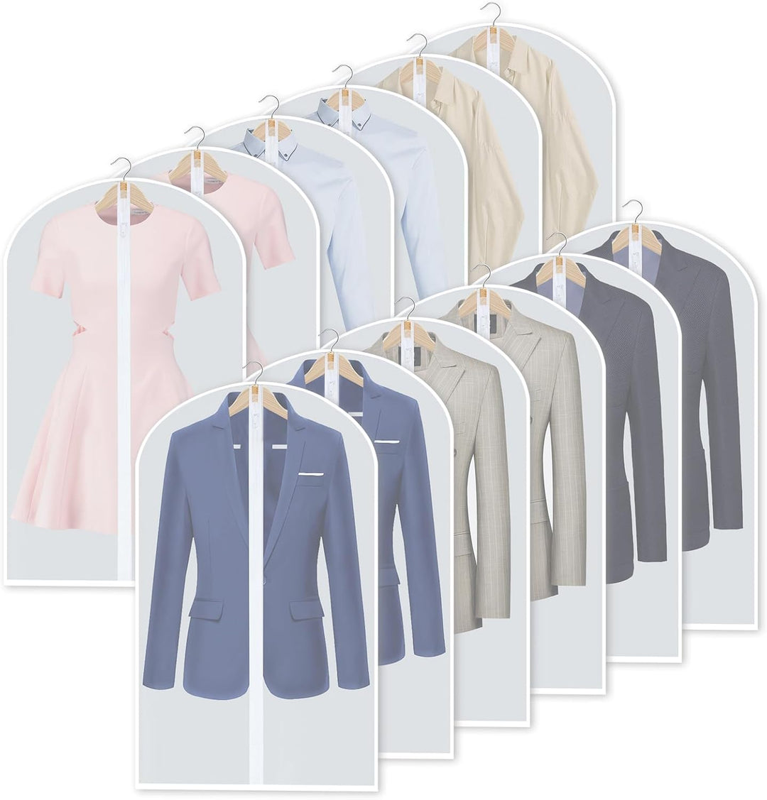 Eco-friendly PEVA garment bags, 24 count, 3 sizes. Reusable clothing protection.