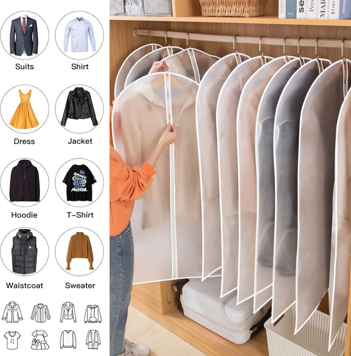 Breathable PEVA garment covers (24 pcs). Keeps clothing fresh while stored, 3 sizes.