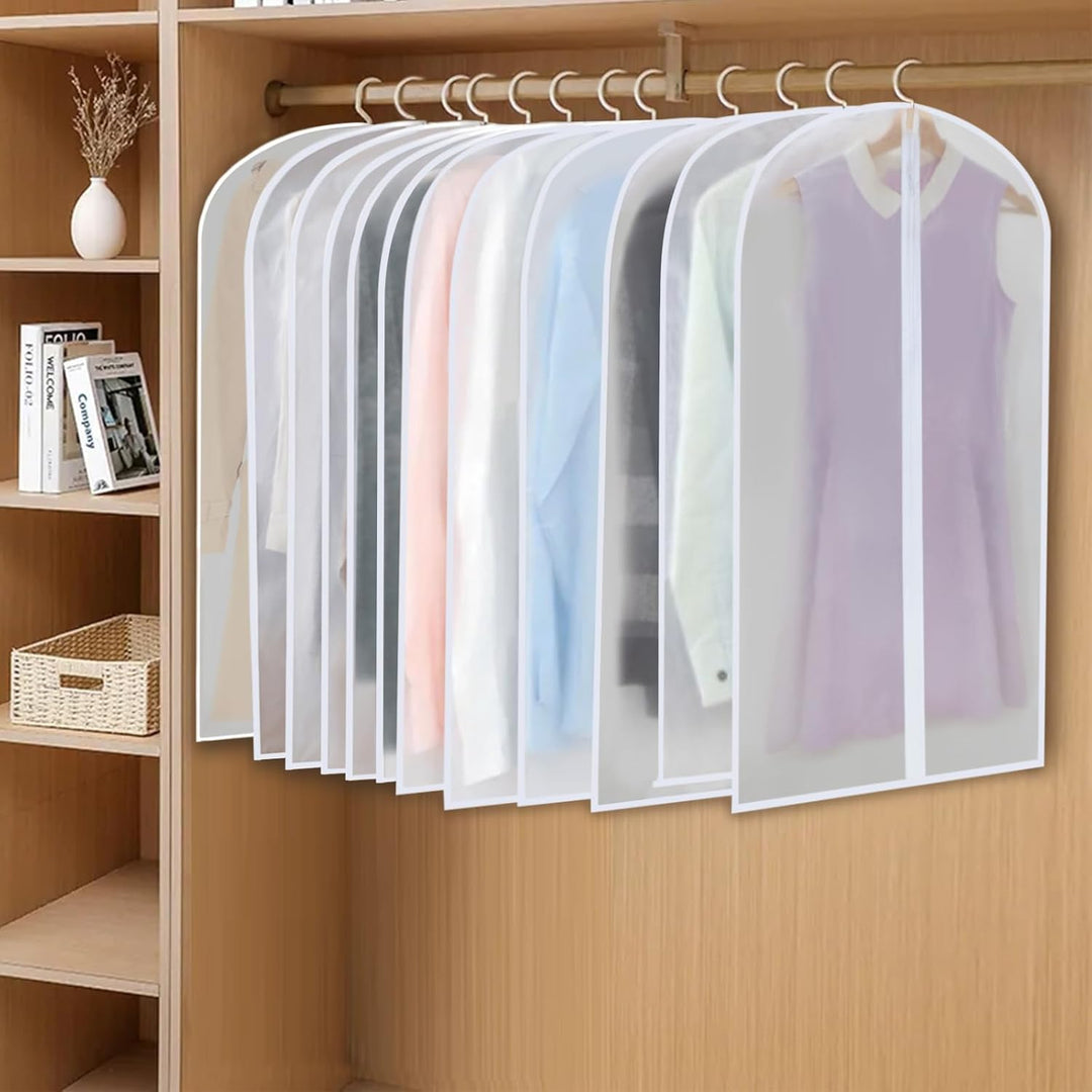 Clear PEVA dust covers for clothing. 24-pack for comprehensive wardrobe protection.