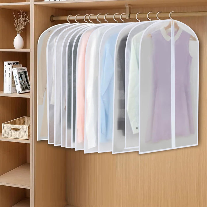 Clear PEVA dust covers for clothing. 24-pack for comprehensive wardrobe protection.
