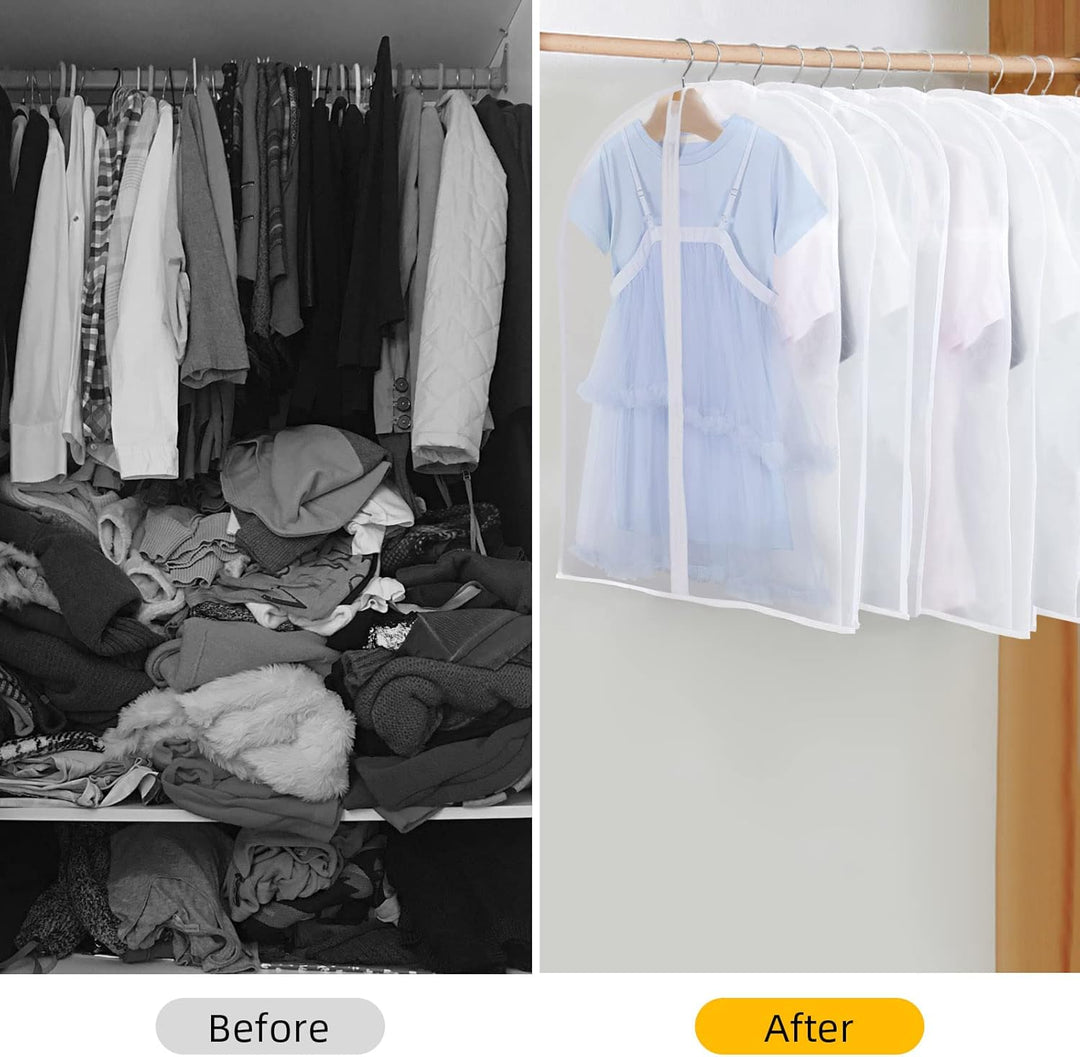 Clear PEVA clothing covers, 3 sizes for home organization. Protects suits, dresses.
