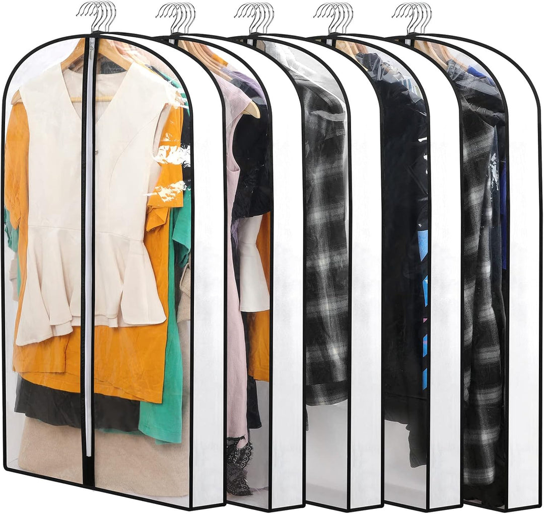 Bulk pack 24 clear PEVA garment bags. Ideal for closet storage & dust protection.